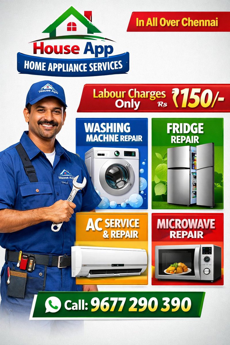 HouseApp1's tweet photo. Washing Machine,
Fridge,
Ac
&amp;
Microwave Oven

Problem - Ma ???  Repair - Ra

Contact :

House App ( @HouseApp1 ) 

Call : 9677 290 390

https://t.co/4CftqwdNUz

#chennai 
#WashingMachineService 
#followme 
#olx 
#ACRepair 
#Refrigerator 
#washingmachine 
#WashingMachineRepair https://t.co/gK7Hucw29y