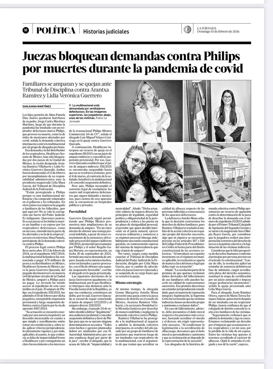 SanjuanaNews's tweet image. 🛑Las juezas Arantxa Ramírez Villafuerte y Lidia Verónica Guerrero Quezada protegen a la multinacional #Philips por encima de los familiares de las víctimas que murieron al ser intubados por respiradores defectuosos @PhilipsMex Ambas fueron denunciadas el 13 de febrero por