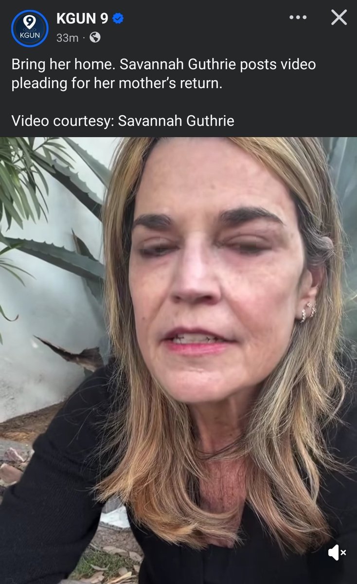 Savannah Guthrie post a plea video to bring her mother Nancy Guthrie home. 
Its crazy this has gone on this long. Maybe Mark Kelly has some updates? 
facebook.com/share/r/1C8pv7…