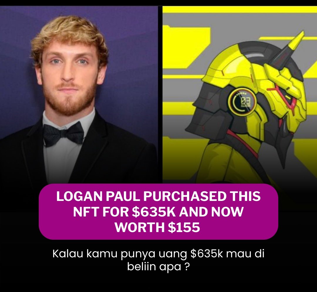 Logan Paul
Dia YouTuber. Konten prank. Kontroversi. Dibenci, tapi punya satu hal: attention.

Lalu dia masuk Web3.
Mulai beli NFT. Promote NFT. Bahkan bikin project sendiri.

Salah satu yang paling gila: dia beli NFT ini seharga $635,000.
Waktu itu semua orang tepuk tangan.