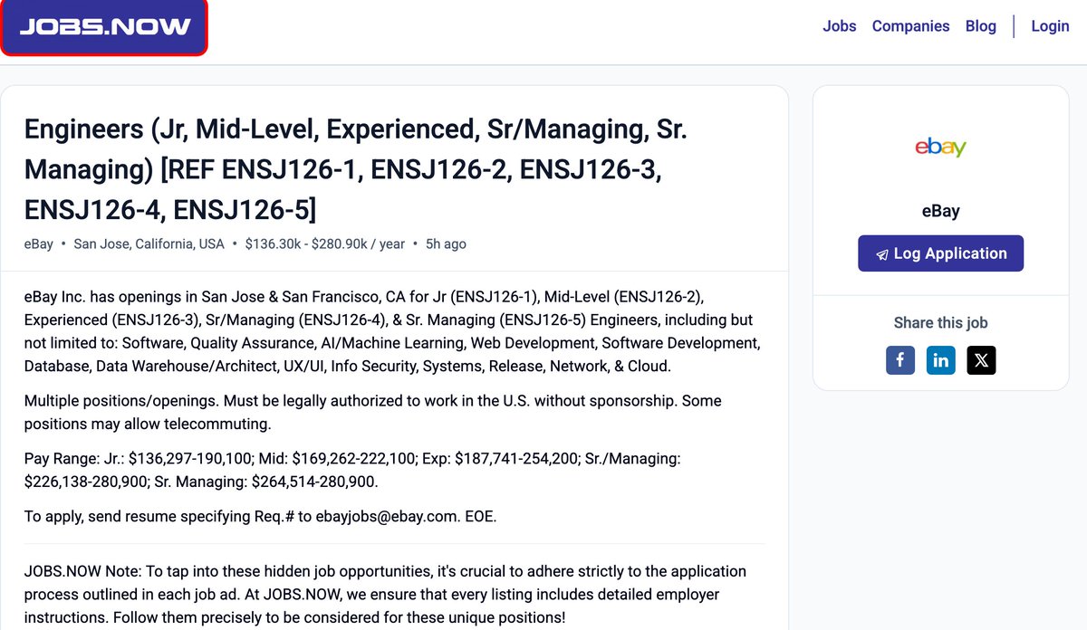 Ebay is taking applications for... looks like the entire engineering team in San Jose CA
Up to 280k per year

But can only apply by email!
Why don't they put these on the ebay careers site?