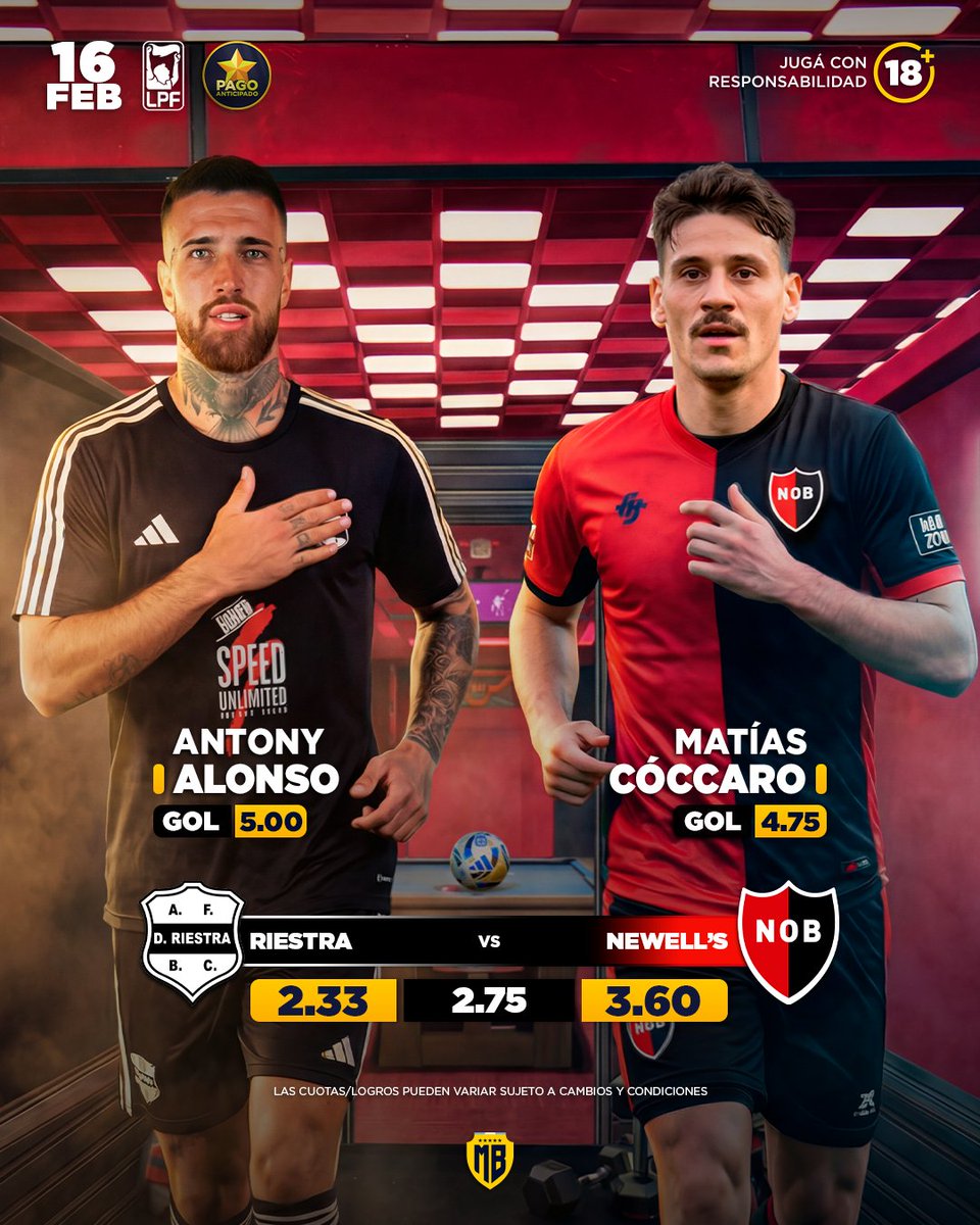 🏆 #TorneoApertura2026
⚽ Dep. Riestra 🆚 Newell’s
⏰ 19:00
🏟️ Guillermo Laza
🔥 Antony Alonso — CUOTA GOL 5.00
🔥 Matías Cóccaro — CUOTA GOL 4.75
⭐ Pago anticipado activado 🟢
📺 Miralo en vivo en:
 mb365.pro/PIBES +18.