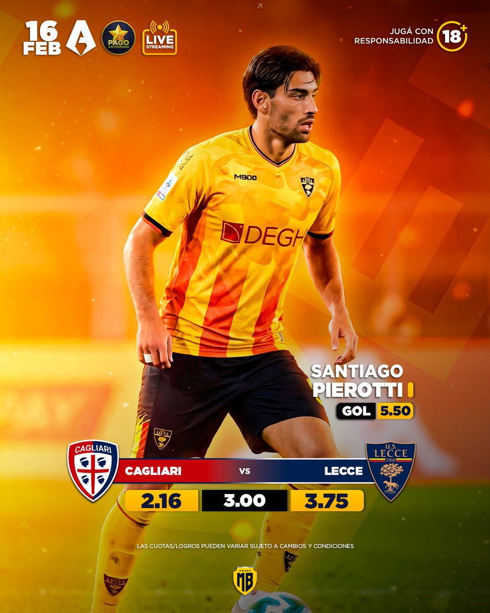 🏆 #SerieA
⚽ Cagliari 🆚 Lecce
⏰ 16:45
🏟️ Unipol Domus
🔥 Santiago Pierotti — CUOTA GOL 5.50
⭐ Pago anticipado activado 🟢
📺 Miralo en vivo en:
 mb365.pro/PIBES +18.