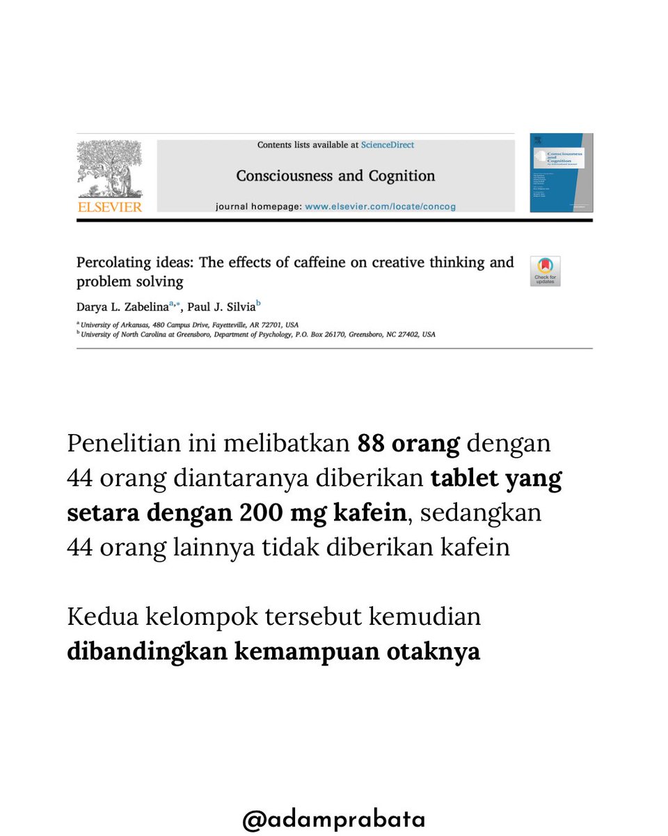 AdamPrabata's tweet photo. Ternyata minum kopi bukan cuma bikin melek, tapi juga bisa bikin otak lebih “canggih”! 

Sebuah penelitian di jurnal Consciousness and Cognition melibatkan 88 orang. Separuhnya diberi 200 mg kafein (setara ±340 ml kopi), separuhnya lagi tidak. 

Hasilnya? Mereka yang minum kafein terbukti lebih jago menyelesaikan masalah (problem solving ability) dibanding yang tidak.

Artinya, kafein bisa meningkatkan fungsi otak tertentu, khususnya dalam hal berpikir kritis dan mencari solusi. Jadi, segelas kopi di pagi hari bukan cuma bikin semangat, tapi juga bisa jadi “booster otak” untuk kerjaan atau belajar.

Tapi ingat, efek positif ini berlaku pada konsumsi wajar. Kalau berlebihan, justru bisa bikin gelisah, jantung berdebar, bahkan susah tidur.

Kesimpulan: minum kopi dengan porsi pas dapat membantu meningkatkan kemampuan otak dalam menyelesaikan masalah karena efek stimulasi dari kafein.