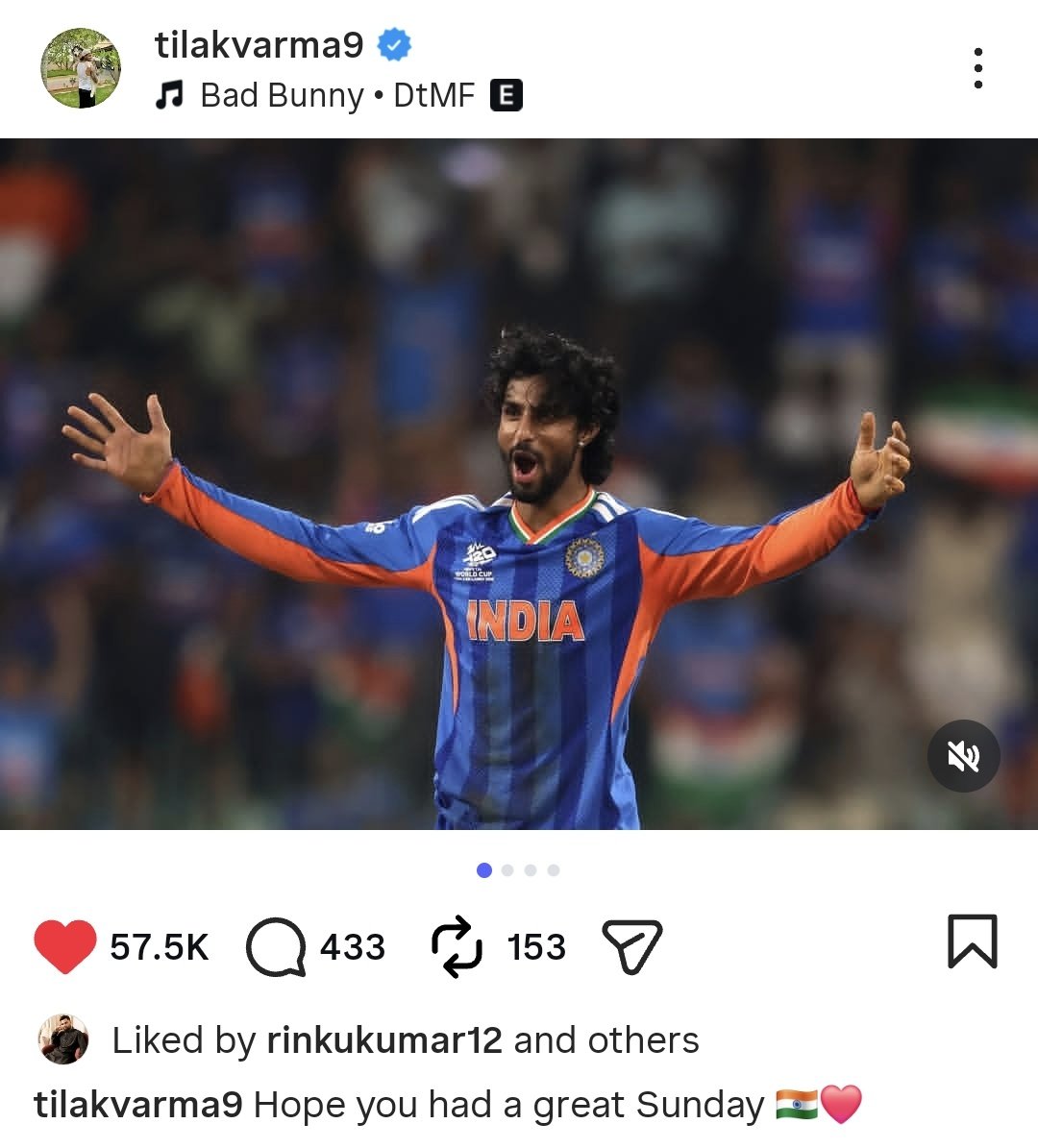 ImTanujSingh's tweet photo. TILAK VERMA INSTAGRAM POST. 🇮🇳♥️

- Caption "Hope you had a great Sunday". https://t.co/KMH6C9pfP7