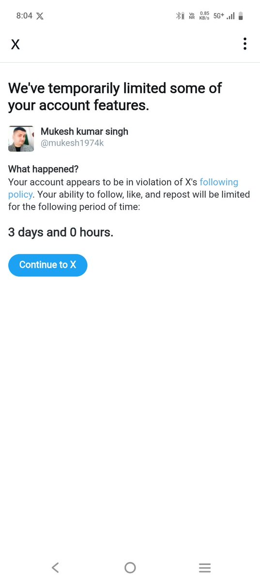"Dear @XSupport @Premium
I'm a Premium+ subscriber (<a href="/mukesh1974k/">Mukesh kumar singh</a> / <a href="/mukesh1974k/"></a>) from India. No negative/abusive content, only positive posts (good morning, devotion to Mahadev, cricket, etc.). But daily getting this violation notice for 'following policy' – follow, like,