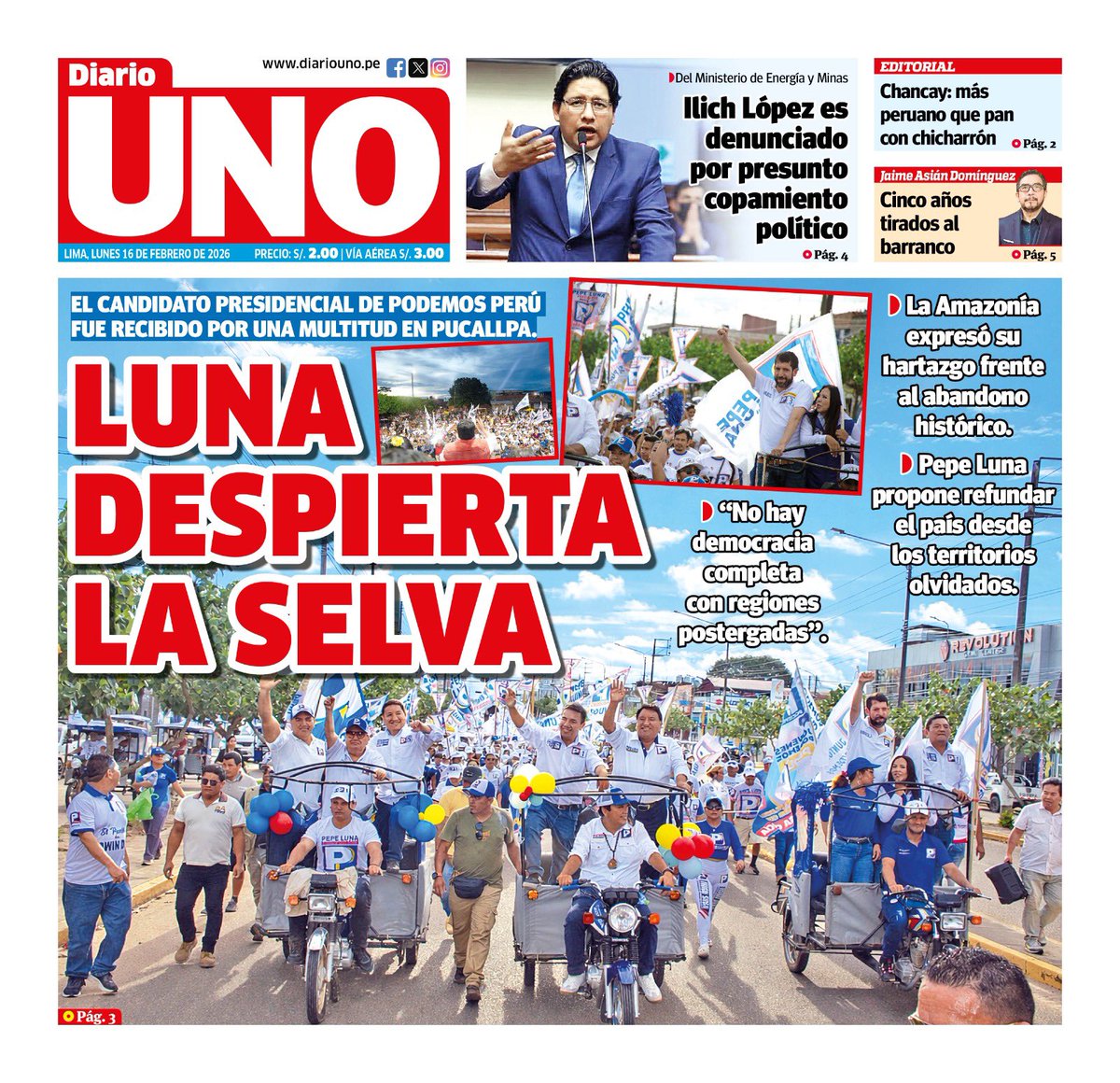 🗞️ Compartimos con ustedes la portada de Diario UNO del lunes 16 de febrero de 2026