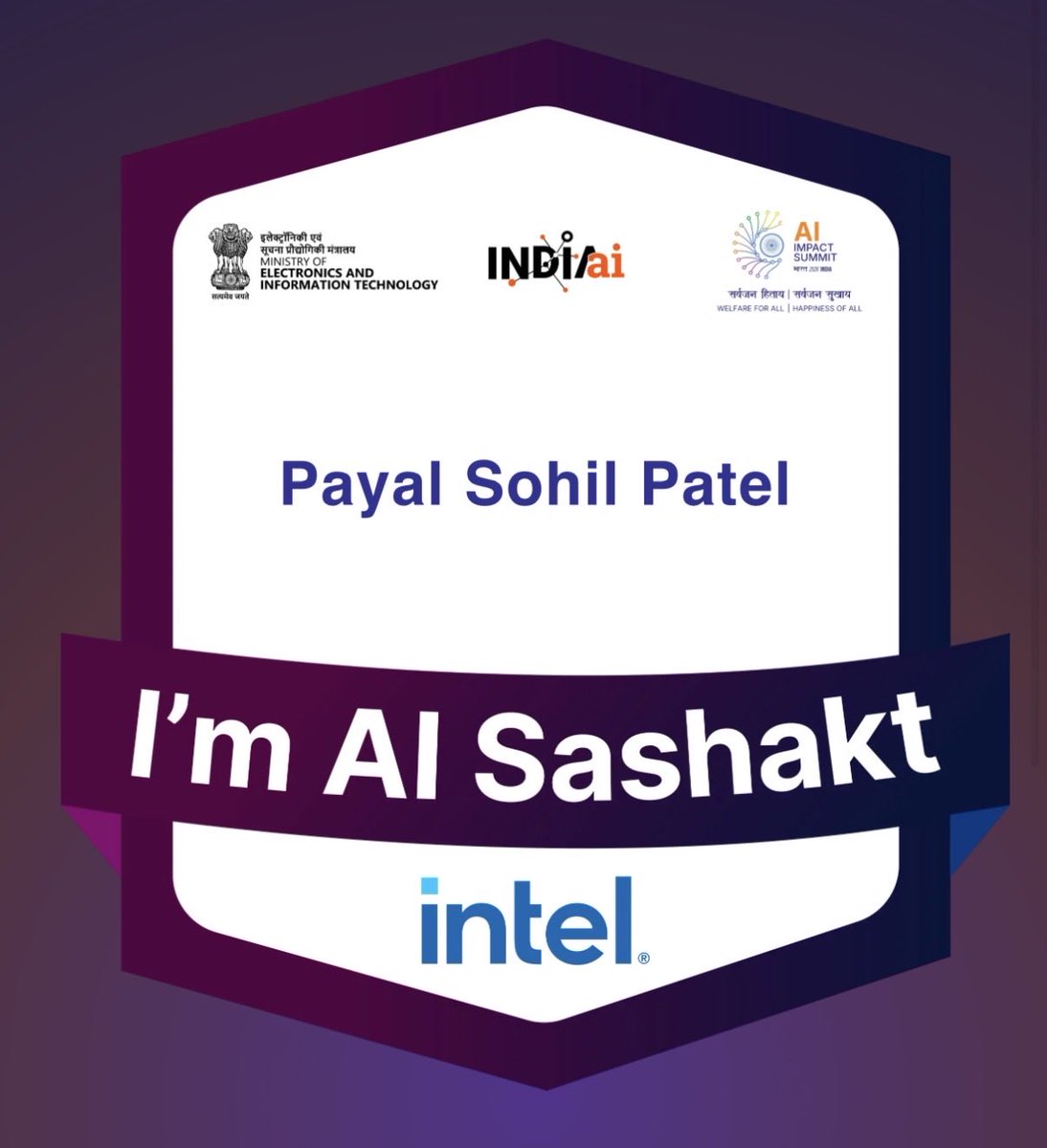 Payaliya93's tweet photo. Just received an honorary badge from IndiaAI Mission, MeitY, and Intel India for doing my part in the AI Responsibility Pledge campaign, under AI Impact Summit 2026. You can earn one too! Visit https://t.co/CFPf2jVwrO and become a Responsible AI citizen! #aipledgeindia https://t.co/u3xDkSW6CC