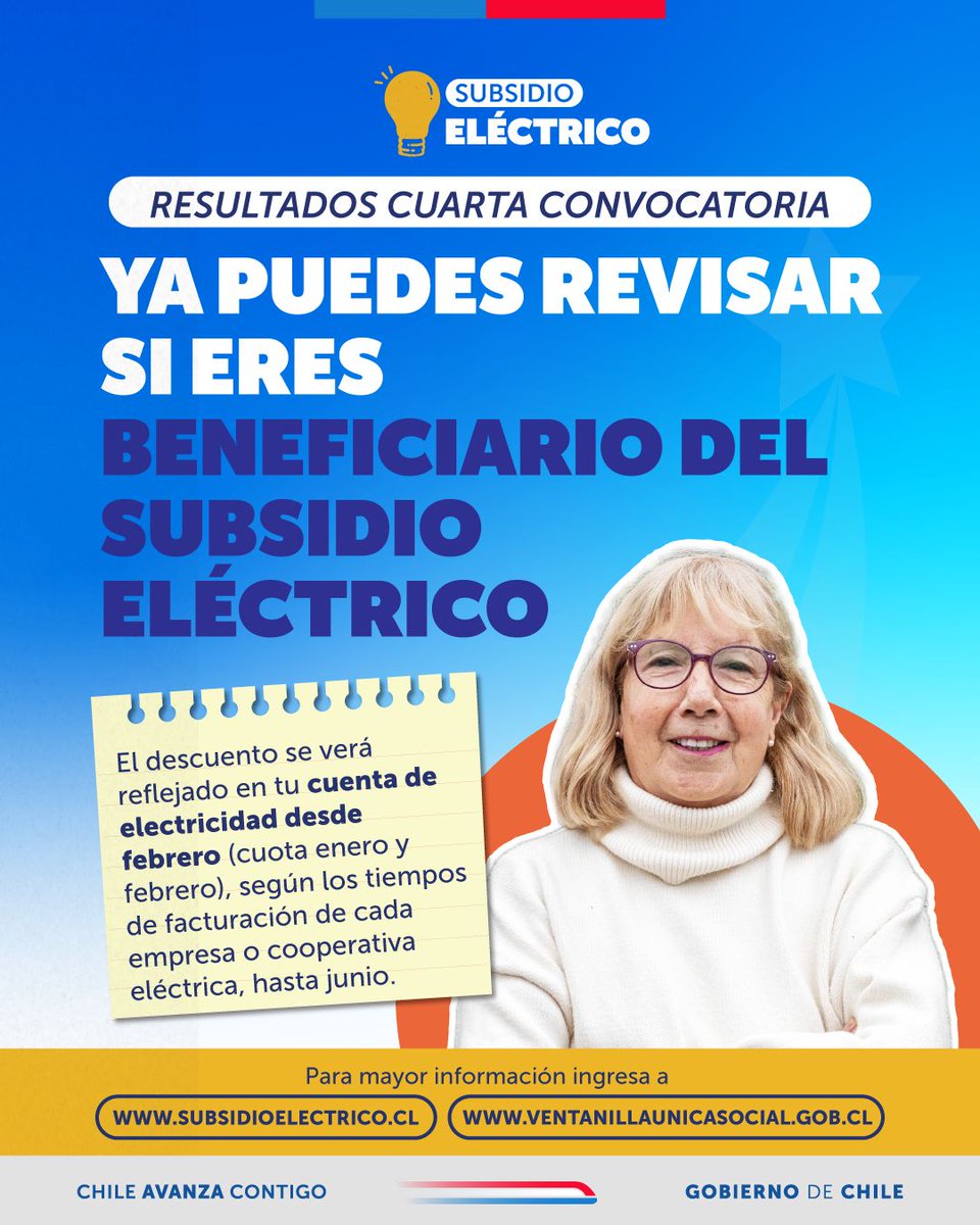 ¡Ya están disponibles los resultados de la postulación al #SubsidioEléctrico! 💡⚡️ 

Revisa si eres beneficiario en subsidioelectrico.cl. Recuerda que el descuento en tu boleta de la luz se verá reflejado automáticamente desde febrero (cuotas de enero y febrero) hasta junio.