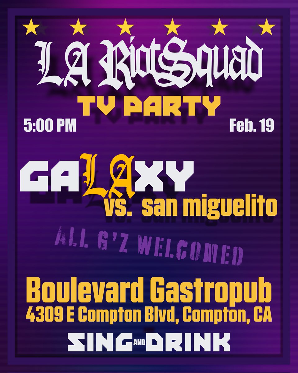 LARiotSquad's tweet photo. The Gz are back! We have CONCACAF action kicking off the 19th as LA visits Sporting San Miguelito in Panama.  Join us at Boulevard Gastropub to cheer on the Galaxy.  5pm.  All ages and all Gz welcomed ✨

4309 e Compton Blvd,  Compton. https://t.co/M8lg6jYZOF