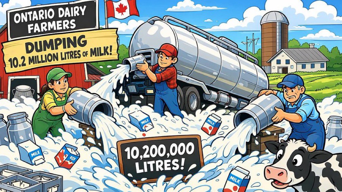🚨Ontario dairy farmers dumped 10.2 million litres of milk in November🇨🇦

Ontario dairy farmers are really milking it -4.9% of the milk supply in the province, or 10.2 million litres, was dumped in November 2025 alone.

Is this fair ? 🙇🏻

#Canada #Dairy #Inflation
