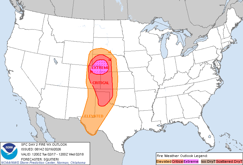 2:16am CST #SPC Day2 #FireWX Extremely Critical: parts of northeastern colorado, southwestern nebraska, and extreme northwestern kansas spc.noaa.gov/products/fire_…