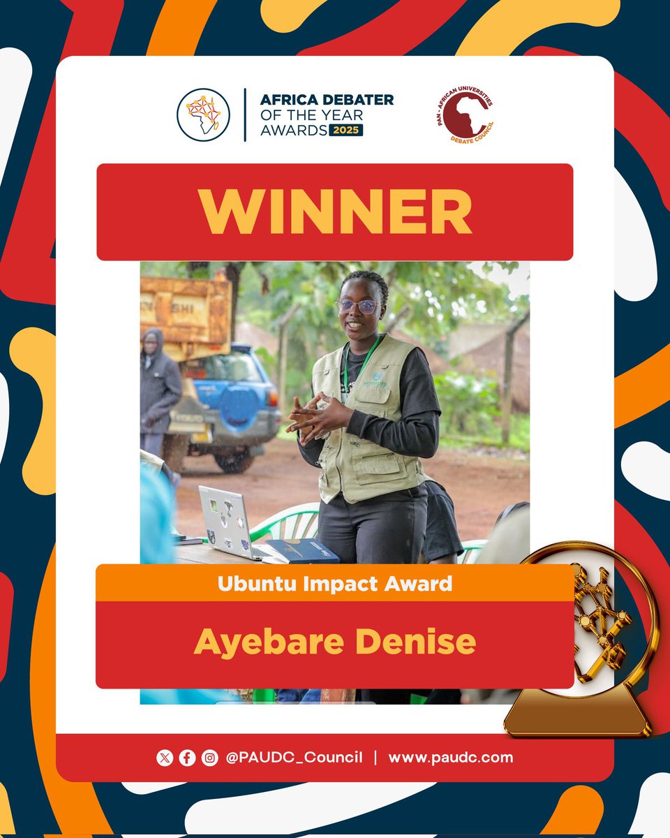 AyebareDenise's tweet photo. Honored to have received the Ubuntu Impact Award at the Pan African University Debate Championship, hosted at the University of the Witwatersrand in Johannesburg, South Africa 🇿🇦.

The Ubuntu Impact Award recognises leaders whose work goes beyond the debate room those who use their voice, intellect, and influence to uplift communities and drive meaningful change. It reflects the true spirit of Ubuntu “I am because we are” reminding us that leadership is collective, not individual.

Grateful to the team @shabil_wabwiire the Chair of @PAUDC_Council for this initiative. “Forward we move and backwards never”