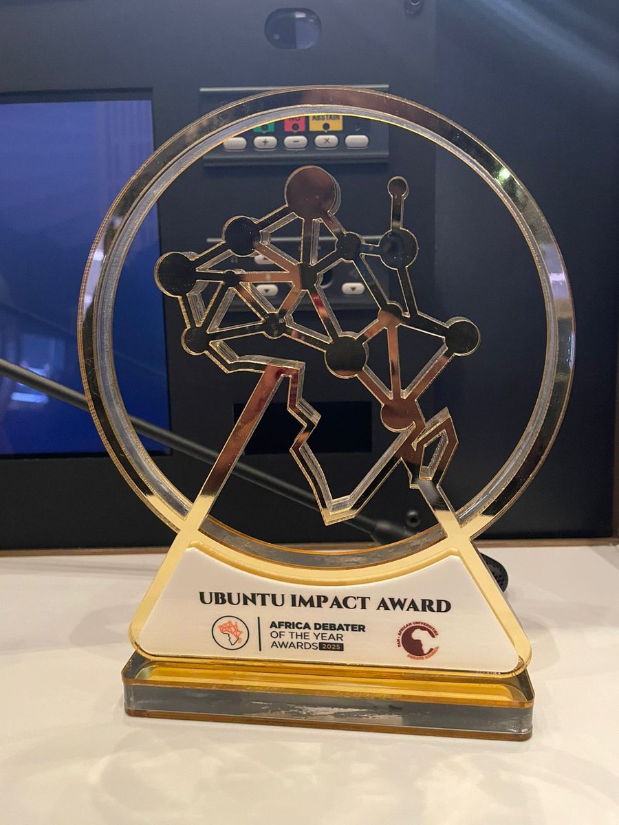 AyebareDenise's tweet photo. Honored to have received the Ubuntu Impact Award at the Pan African University Debate Championship, hosted at the University of the Witwatersrand in Johannesburg, South Africa 🇿🇦.

The Ubuntu Impact Award recognises leaders whose work goes beyond the debate room those who use their voice, intellect, and influence to uplift communities and drive meaningful change. It reflects the true spirit of Ubuntu “I am because we are” reminding us that leadership is collective, not individual.

Grateful to the team @shabil_wabwiire the Chair of @PAUDC_Council for this initiative. “Forward we move and backwards never”