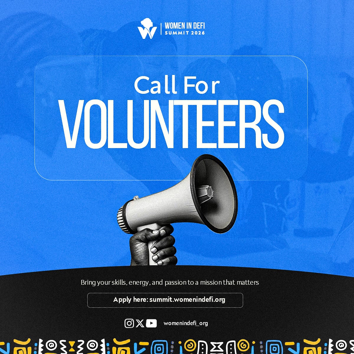 womenindefi_org's tweet photo. ✨ CALL FOR VOLUNTEERS ✨

The Women in DeFi Summit is happening soon, and we’re calling for workforce volunteers who will support the summit before and during the event.

This is a hands-on opportunity for passionate individuals ready to work behind the scenes to deliver one of Africa’s largest women-focused Web3  event.

As a volunteer, you’ll:

– Support pre-event planning and coordination
– Be part of on-ground execution during the summit
– Gain real experience in Web3 event operations
– Connect with builders, leaders, and innovators across the ecosystem

We’re looking for proactive, reliable people passionate about Web3, DeFi, community building, and events.

If you're interested in this, apply here: https://t.co/SWTODPVbXa 

#WIDSummit2026
#WomeninDefi