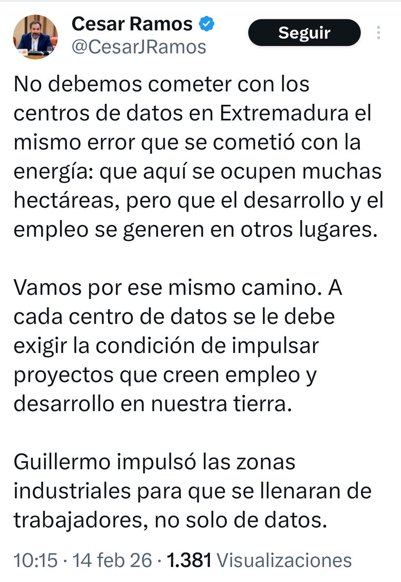 "Consejos vendo y para mí no tengo"🤦
Defender centros datos y votar el cierre d CN Almaraz, la penosa paradoja <a href="/CesarJRamos/">Cesar Ramos</a>: apoyar centros q necesitan mucha electricidad y querer cerrar la fuente energía estable y constante q asegure su suministro y empleo en Extremadura... 🥴