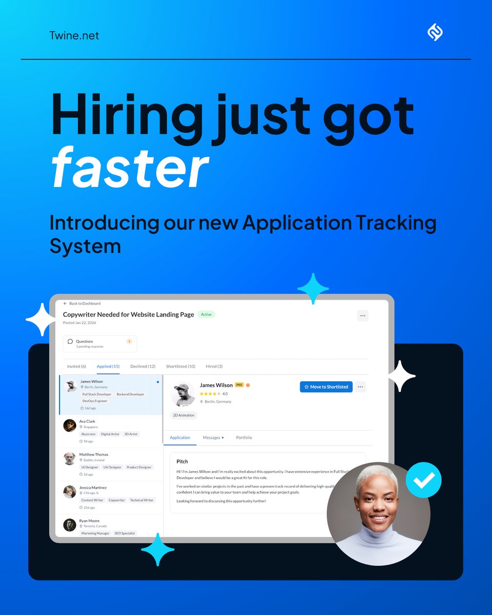 Hiring on Twine just got a serious upgrade with our new ATS! 🚀

For Hirers: A pro pipeline to shortlist &amp; message talent side-by-side. No more spreadsheets. ⚡️

For Freelancers: See your status in real-time and get hired faster. 🔍

Try it now!