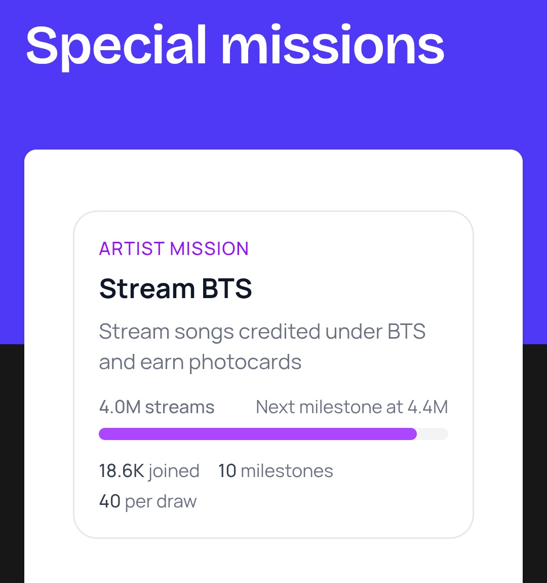 Bangtan7_Stream's tweet photo. 🥹🔥We've reached 4 Million for the new Special mission by @b_cdapp started from 400K and completed 4M. More people should join, there must be many armys who are unaware, please inform everyone to join #specialmission 

https://t.co/c6VjtVhChT https://t.co/fvwwQPhIoE