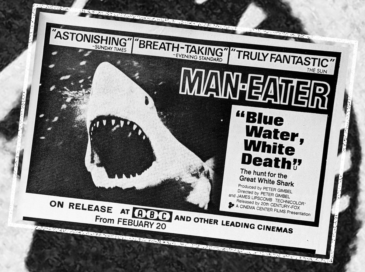 It's another Vintage Magazine Movie Ad Monday on Pop Culture Schlock! One of the few documentaries shot in the widescreen 2.35:1 format, 1971's Blue Water, White Death got a UK theatrical release this month 54 years ago, as advertised in this great half-page Photoplay ad 🦈