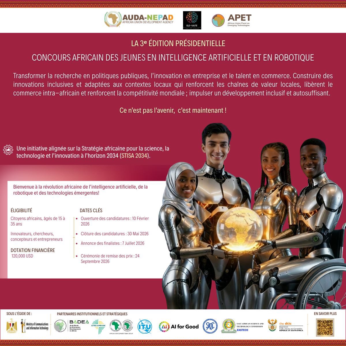 ✨🌍C’est un magnifique et ambitieux lundi matin sous les cieux africains.🌍✨

Êtes-vous un(e) jeune innovateur(trice) qui utilise la technologie pour transformer sa communauté ?
📣 La 3ᵉ édition du Concours présidentiel africain des jeunes en intelligence artificielle et en