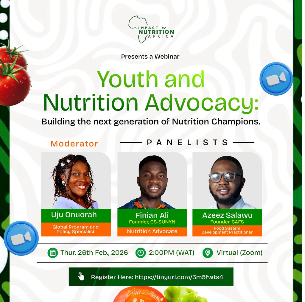 ImpactNutAfrika's tweet photo. The future of nutrition advocacy lies in the hands of young leaders who are informed, equipped, and ready to drive change.

Join us at Impact Nutrition Africa (INAI) for an engaging webinar on:
“Youth and Nutrition Advocacy: Building the Next Generation of Nutrition Champions.” https://t.co/VPAJgBtDoq
