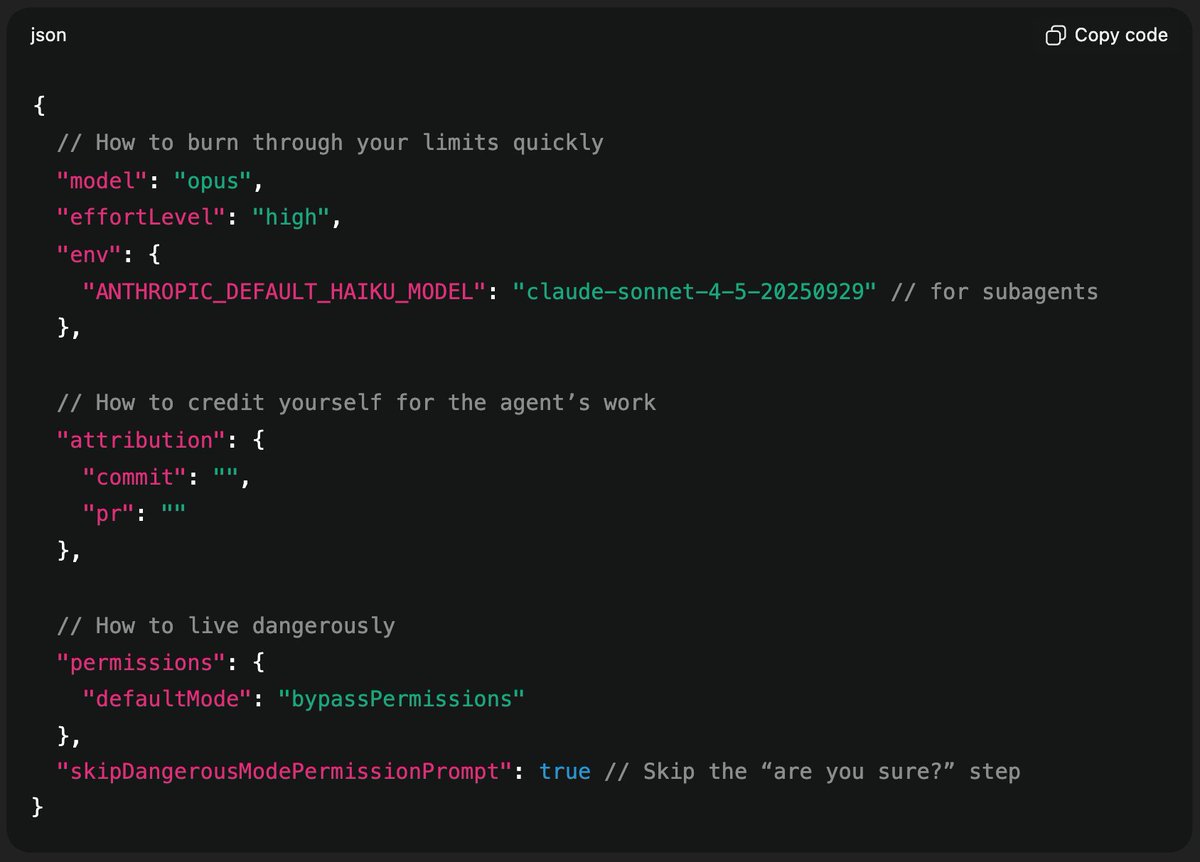 I read the entire <a href="/claudeai/">Claude</a> Code settings file so you don't have to
Here are the "interesting" parts 👇

Powerful configuration! Yet slightly unhinged 🫠