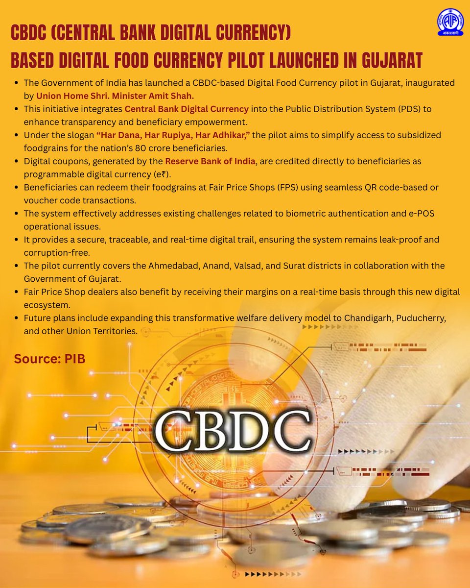 AkashvaniAIR's tweet photo. CBDC (Central Bank Digital Currency) - based Digital Food Currency pilot launched in Gujarat

The Government of India has launched a CBDC-based Digital Food Currency pilot in Gujarat, inaugurated by Union Home Shri. Minister Amit Shah.
This initiative integrates Central Bank Digital Currency into the Public Distribution System (PDS) to enhance transparency and beneficiary empowerment....

Source: PIB

@fooddeptgoi @MIB_India @airnewsalerts