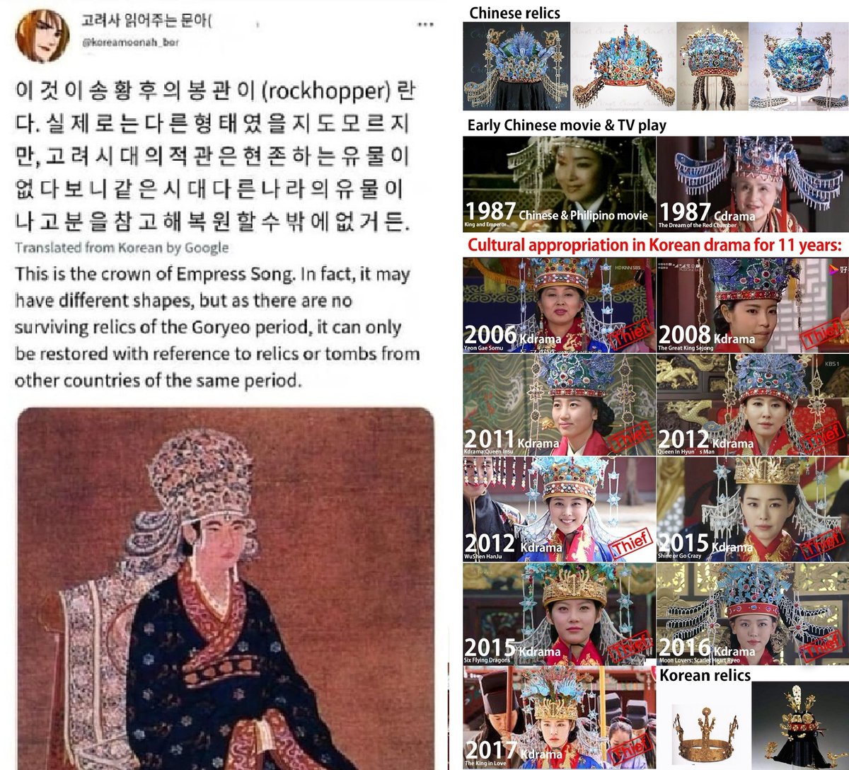 <a href="/OKiTrue/">트루</a> The cheap copycat of Chinese Hanfu.China had never granted the fengguan(鳳冠) of Chinese empresses to Goryeo or Joseon.Kppl had admitted that they restore fake crowns with Chinese empresses' relics.The crowns granted to your ancestors are 七翟冠,not 鳳冠.
x.com/i/status/20031…