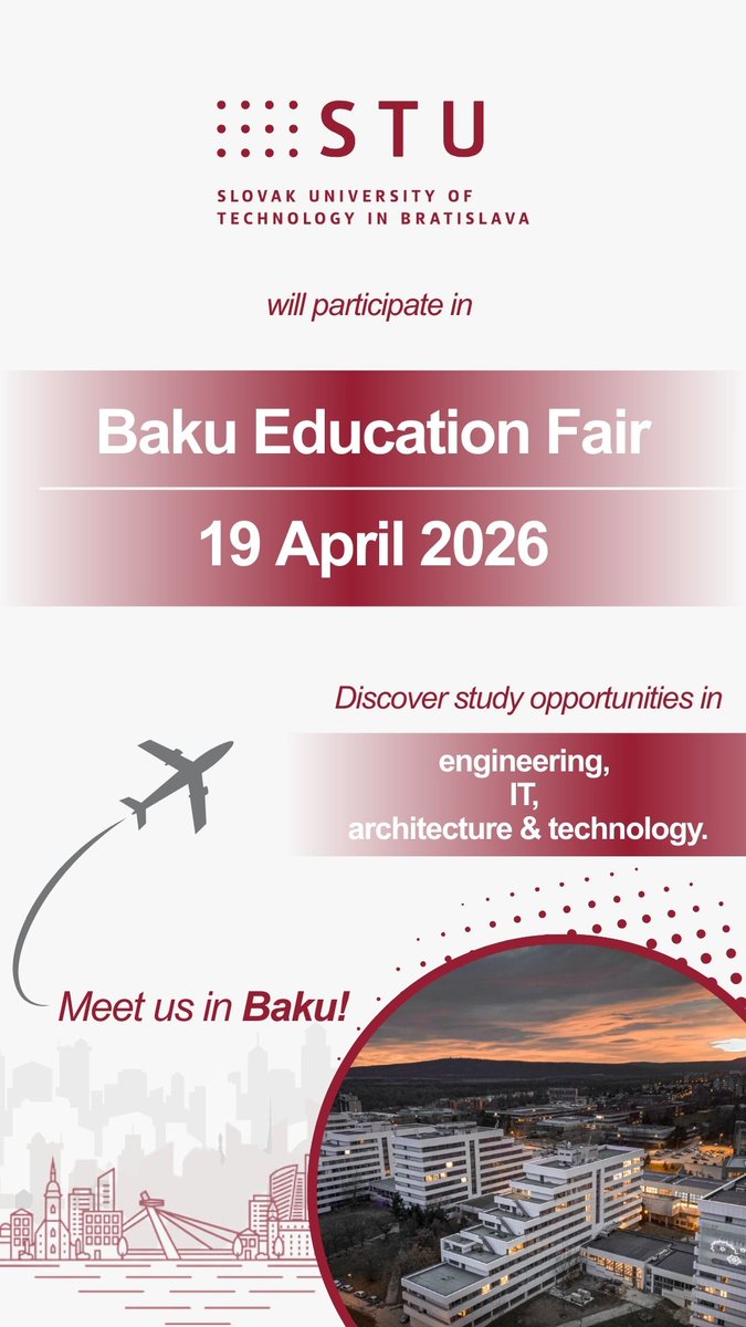 SKEmbBaku's tweet photo. ๐๐ธ๐ฐThe Slovak University of Technology in Bratislava (STU) will participate in the Baku Education Fair๐๐ฆ๐ฟ on 19 April 2026.
Prospective students can discover more about programmes in engineering, technology, architecture, IT and innovation๐ก๐จโ๐ป
#StudyInSlovakia #STU https://t.co/hH8FPh1T3Q