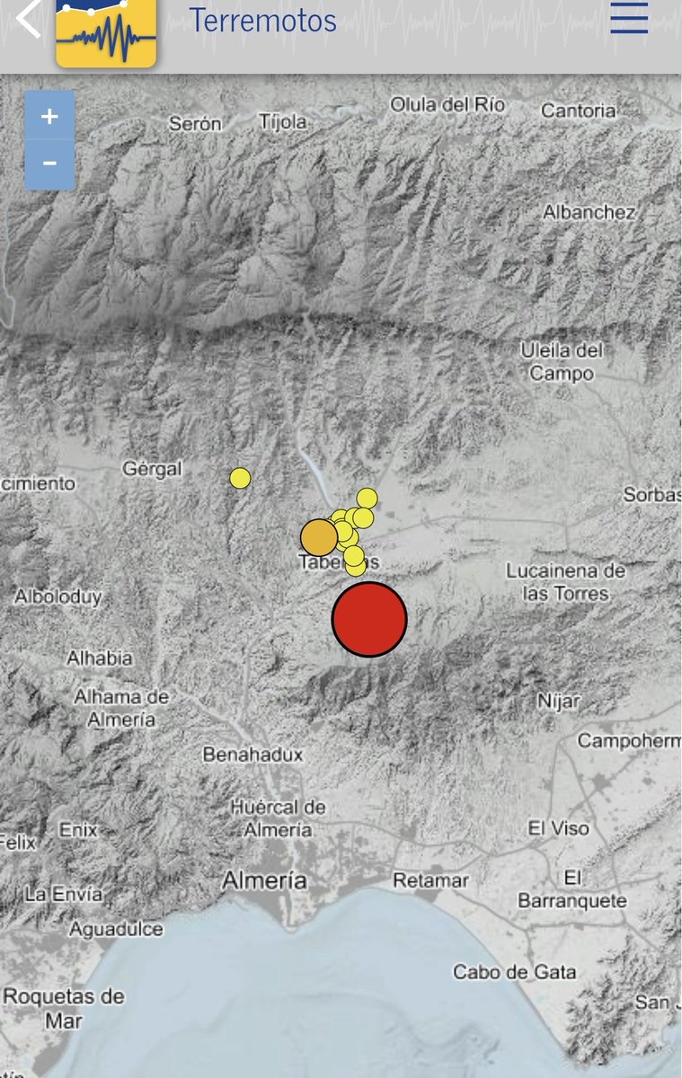 M4.3 esta madrugada en Tabernas, Almeria. Sentido por toda la provincia. La nube de réplicas dibuja una Falla Norte Sur