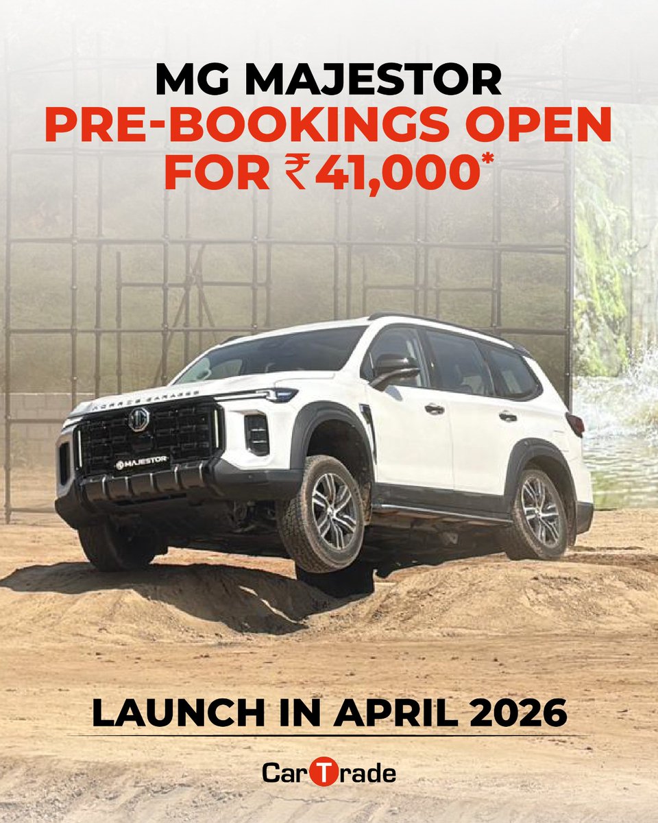 Car_Trade's tweet photo. MG Majestor makes its official debut today 🚀

Sitting above the Gloster, this flagship SUV is now open for pre-bookings at ₹41,000. Prices will be announced in April, with deliveries set to begin in May.

#mg #majestor #mgmajestor #ctunveil #cars #automobiles #carupdates https://t.co/6ZKpk50b8w