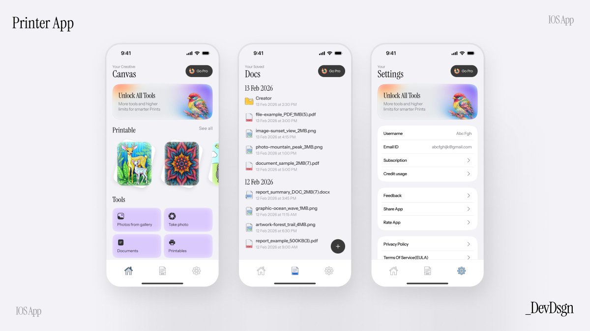 ios printer app exploration after realizing most printer apps are stuck in 2012 💀
tried fixing that. clean, easy nav, no clutter.