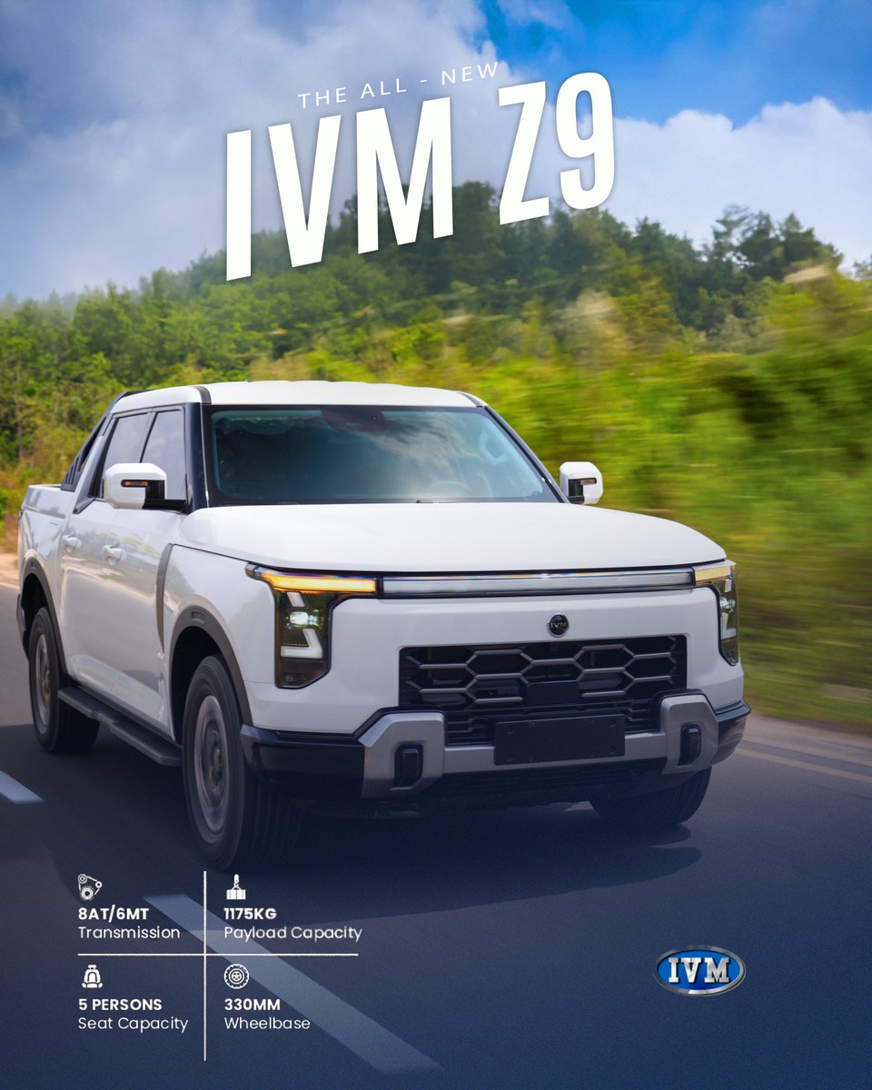 innosonvehicles's tweet photo. Meet the IVM Z9 — built for work, adventure &amp; everyday life.

⚡ 1.5T Hybrid + Electric
🔋 135km EV | 1,050km total range
💪 800Nm torque
⚡ Fast charge (30–80% in 30 mins)
🛻 4x4 AWD | 232mm clearance

Available nationwide.
Would you drive this?

#IVMZ9 #Innoson  #MadeInNigeria https://t.co/BaoXYVtUIP