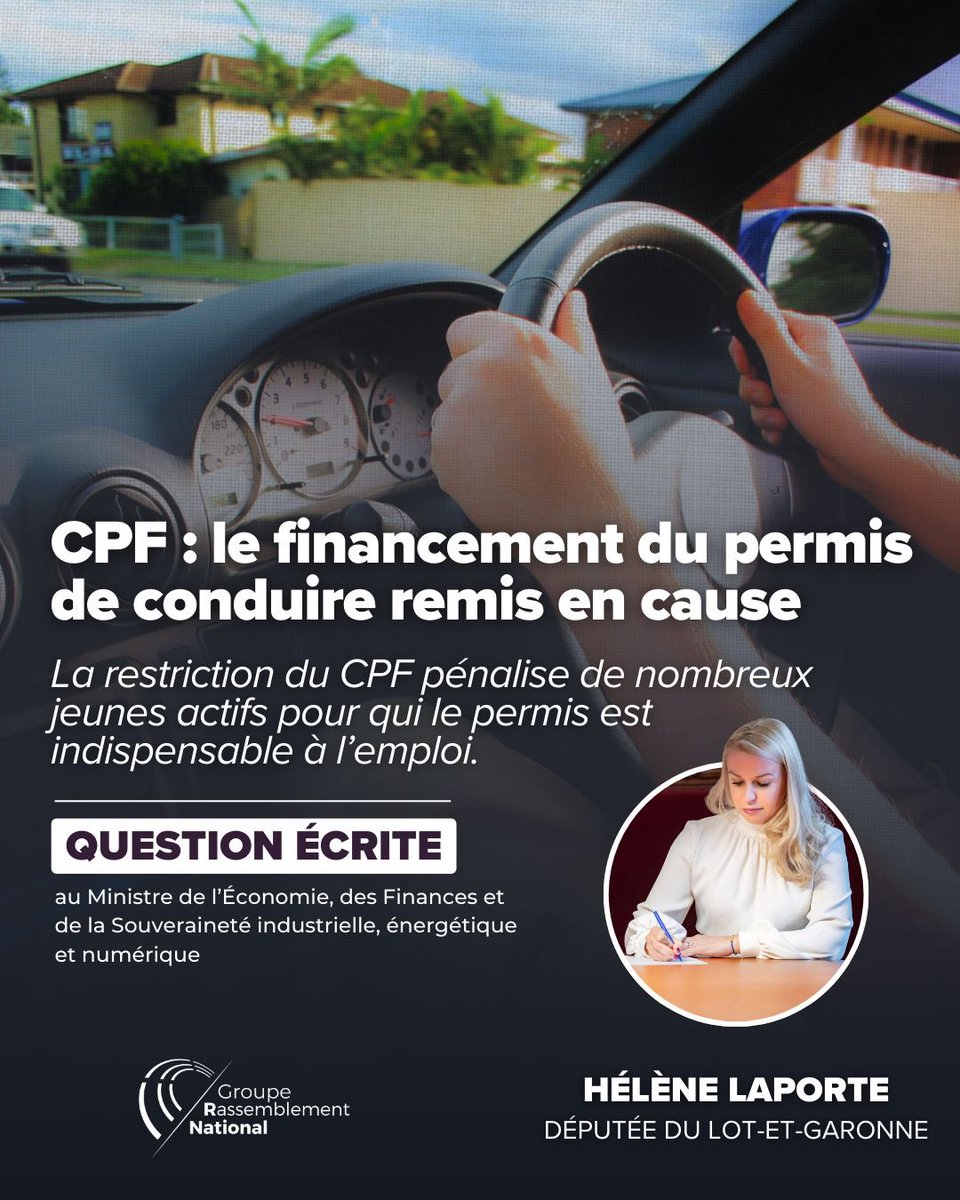 HeleneLaporteRN's tweet image. 🚗 Dans le Lot-et-Garonne comme ailleurs, l’accès au permis de conduire n’est pas un confort : c’est une condition d’accès à l’emploi.

De ce fait, j’ai interrogé le Ministre de l’Économie sur les conséquences de la limitation annoncée du financement du permis par le #CPF,