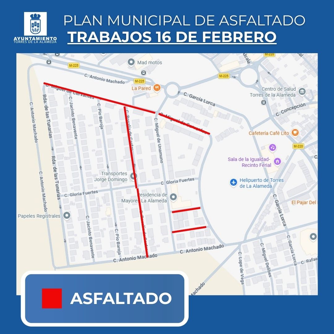 🔴 Trabajos de Asfaltado lunes 16:

📍ASFALTADO: c/ Miguel de Cervantes, c/ Rosa Chacel, c/ Rosalía de Castro y c/ Gerardo Diego

❌ Hoy no se realizarán trabajos de fresado

A lo largo de la mañana publicaremos la programación de asfaltado y fresado de los próximos días.