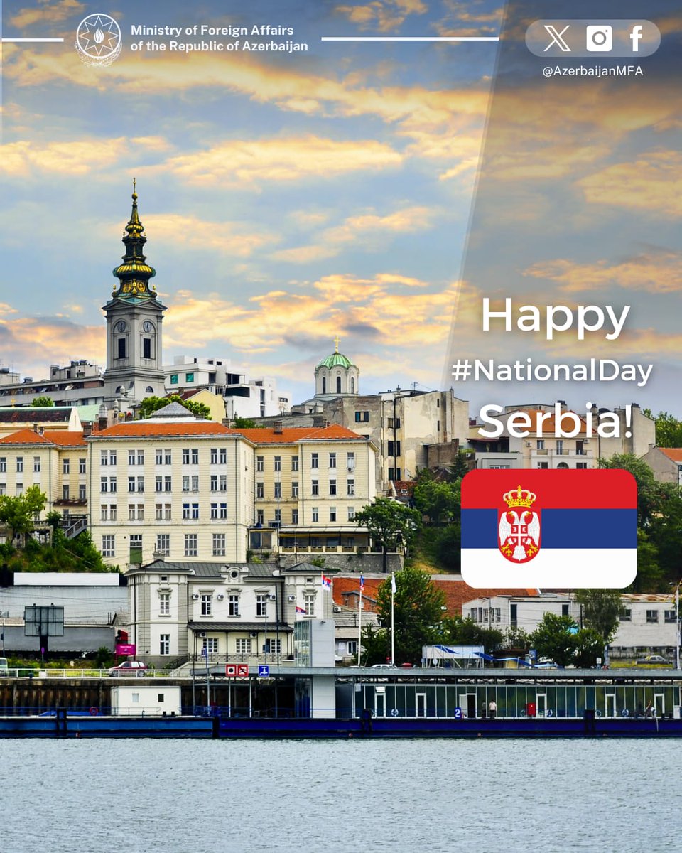 We extend our heartfelt congratulations to the friendly Republic of Serbia and its people on the occasion of National Day.

Happy National Day, Serbia! 🇦🇿-🇷🇸

<a href="/MFASerbia/">MFA Serbia</a>