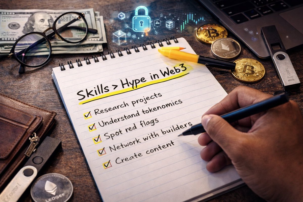_OxYusuf's tweet image. If you want to grow in Web3, focus on skills  not just tokens.

Learn how to:

• Research projects
• Understand tokenomics
• Spot red flags
• Network with builders
• Create content

Money follows value.
In Web3, skills &amp;gt; hype.

#Web3 #LearnWeb3 #CryptoEducation