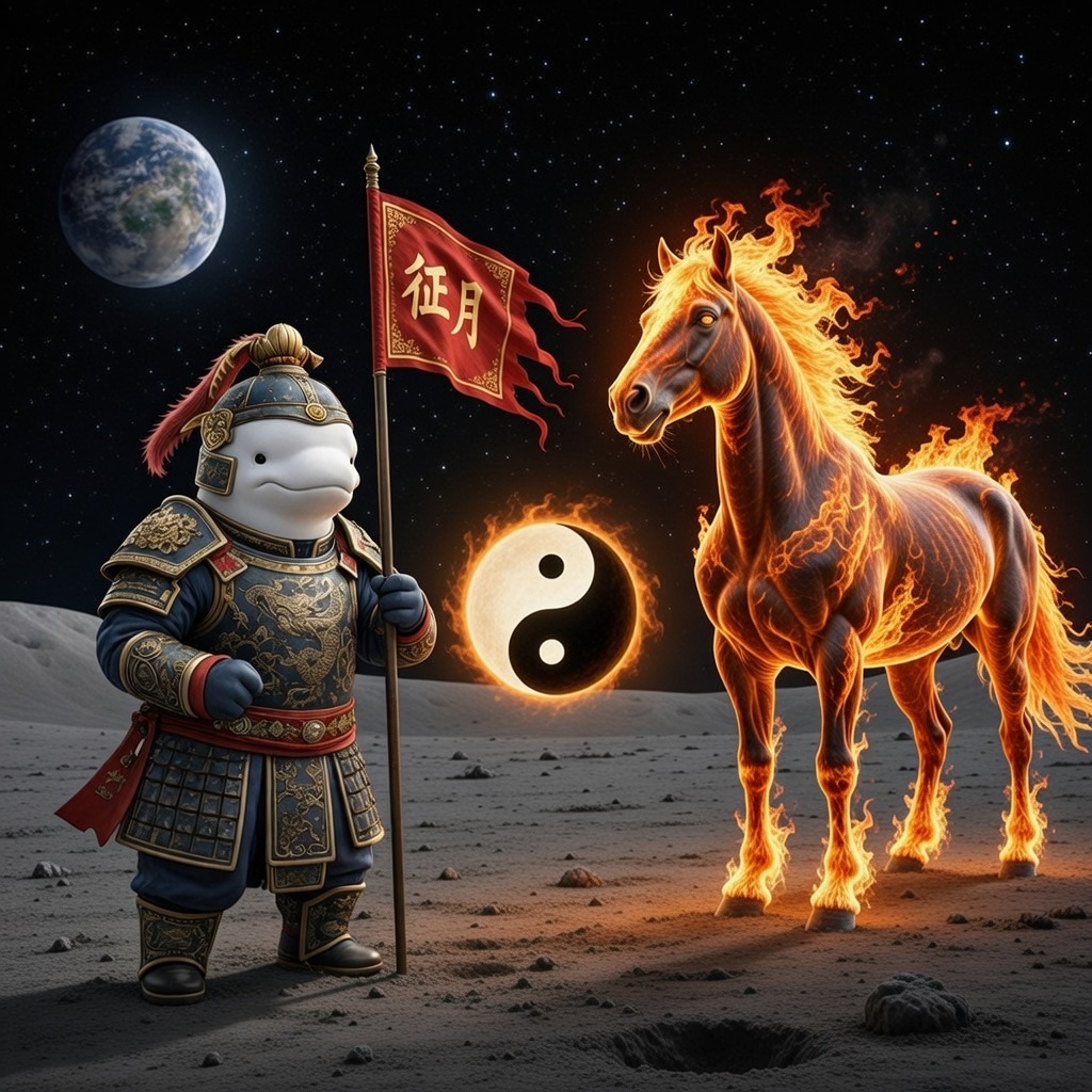 力量、活力与能量  这两种动物都代表着蓬勃的生命力和纯粹的能量。马象征着活力、不屈不挠的精神和毅力，通常与阳性能量（男性、活跃、火元素）联系在一起。白鲸（或更广义上的白鲸/海豚）通体雪白，散发着纯洁、和谐与生命能量，有时与阴阳平衡或宁静与力量联系在一起。