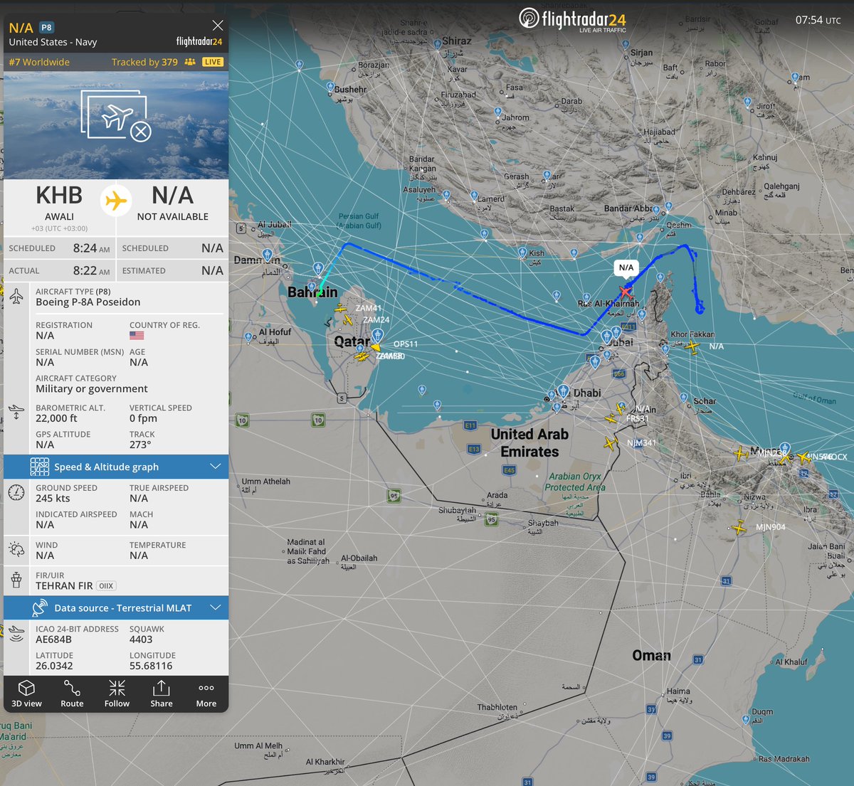 hey_itsmyturn's tweet image. #USN 🇺🇸  P-8A Poseidon (AE684B) on #ISR #ASuW mission over the Persian Gulf and Strait of Hormuz