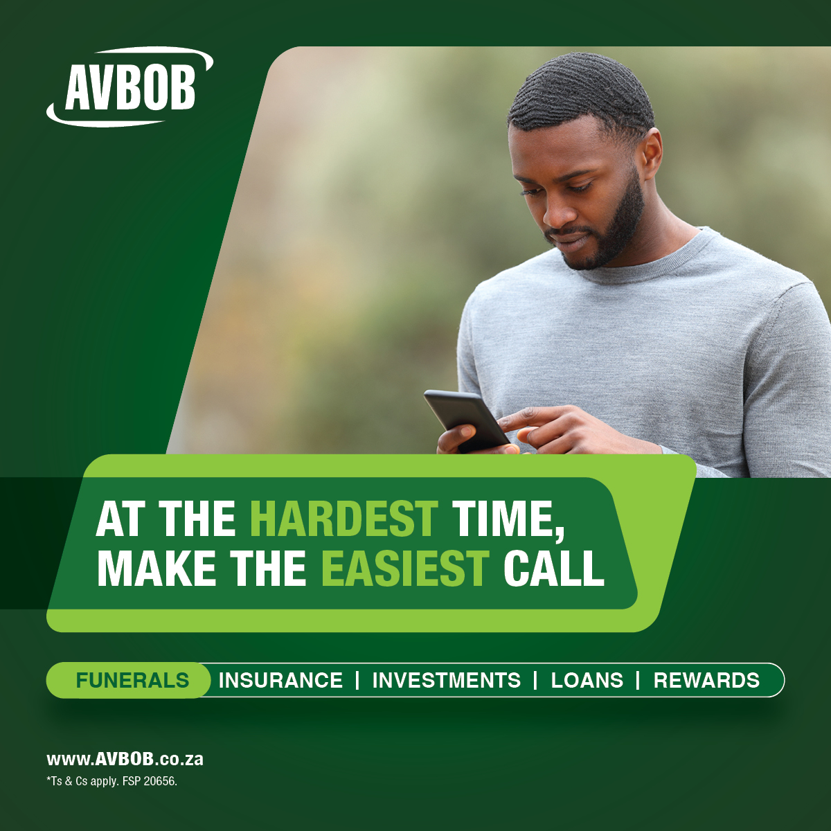 AVBOBSA's tweet photo. When you’ve just lost a loved one, every moment can be overwhelming. In the middle of the chaos, just one call can guide you, support you, and take care of every detail.
At your moment of loss… speak to us first.
Save #TheNumberToKeep: 0861 28 26 21
*Ts & Cs apply. FSP 20656. Standard call rates apply.
#CallAVBOB #AVBOBFunerals