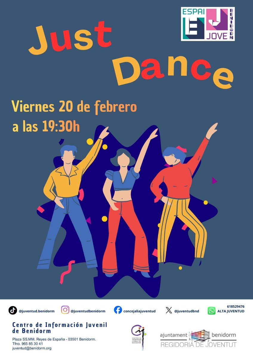 🕺💃 ¡JUST DANCE en Benidorm! 🎶✨

📅 Viernes 20 de febrero
⏰ 19:30 h
📍 Centro de Información Juvenil de Benidorm

Ven a disfrutar de una sesión llena de ritmo, música y buen ambiente. 

🎉📝 Inscripción previa gratuita