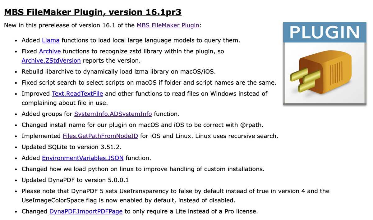 MBS #FileMaker Plugin, version 16.1pr3

Added Llama functions to load local large language models to query them.
Added EnvironmentVariables.JSON function.
Added groups for SystemInfo.ADSystemInfo function.
Updated DynaPDF to version 5.0.0.1

mbsplugins.de/archive/2026-0…