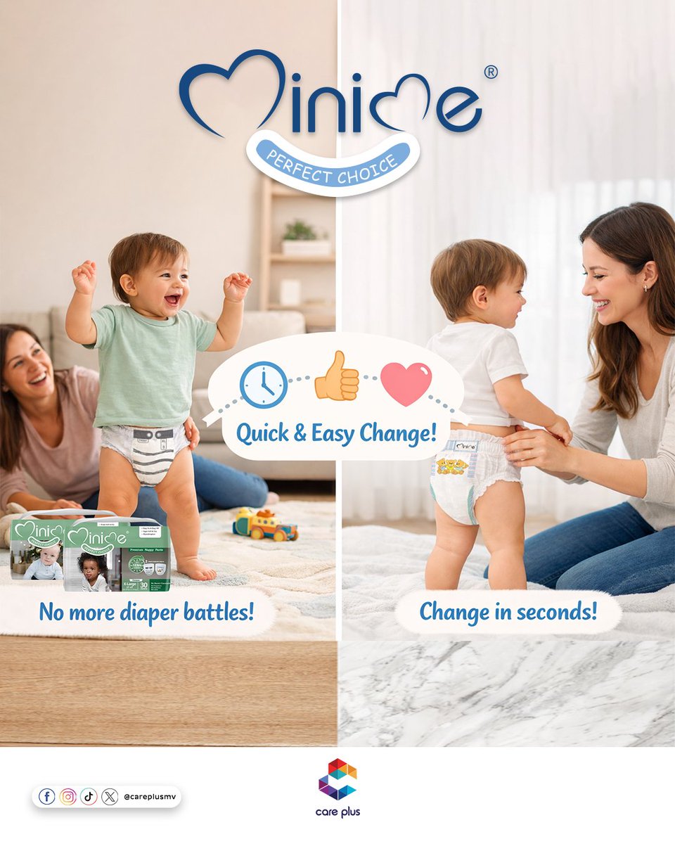 careplusmv's tweet image. Quick changes, happy moments 💙
With Mini Me diapers, diaper time is no longer a struggle — just smiles, comfort, and seconds to switch! Perfect fit, gentle care, and freedom to play all day.

#careplusmv #Minimebabycare #HappyBaby #EasyChange #ParentingMadeSimple