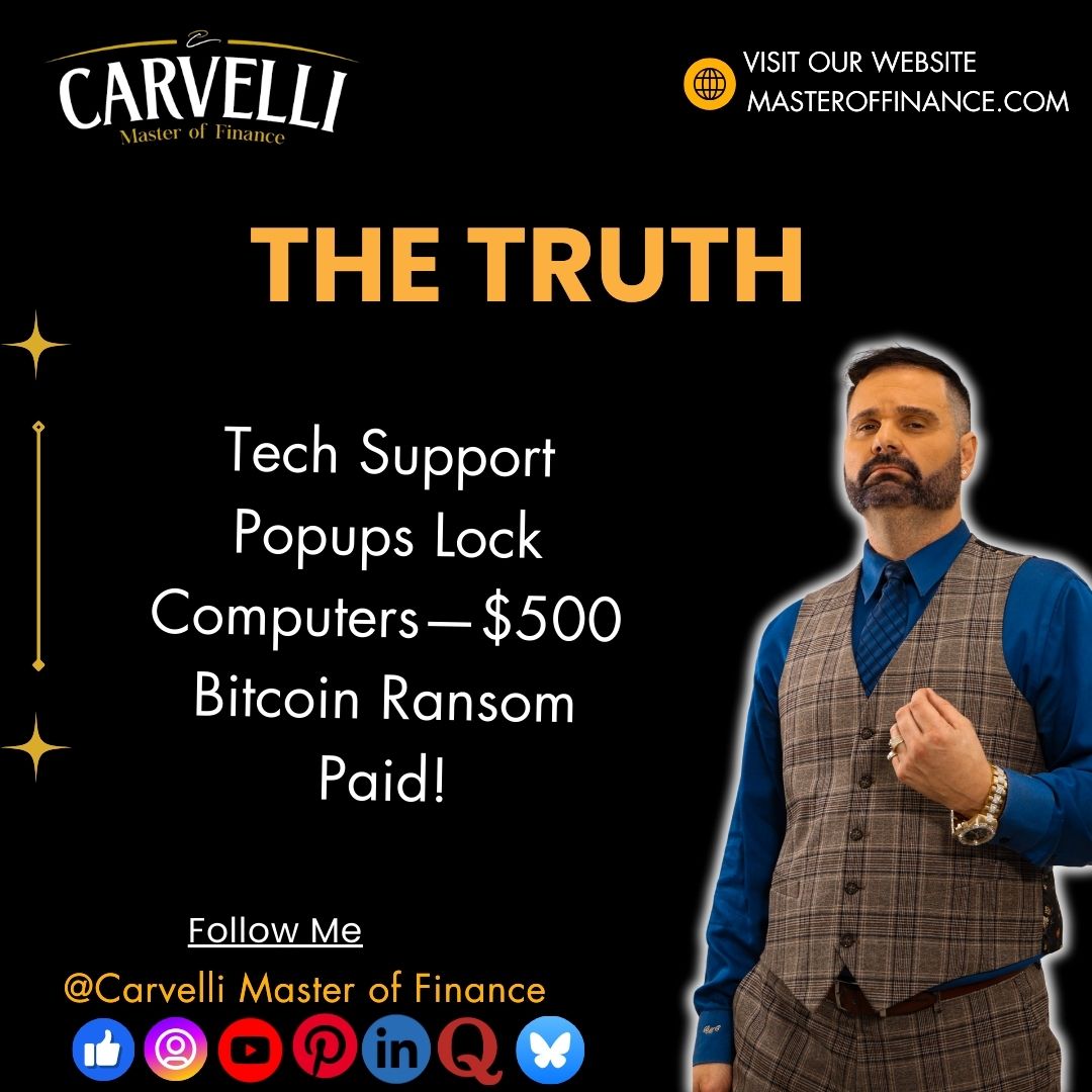 BillyCarvelli's tweet photo. Tech Support Popups Lock Computers—$500 Bitcoin Ransom Paid!
Fake alerts claim viruses, demanding crypto to "unlock" while stealing banking logins.
#carvelli #masteroffinance #truth #techsupport #ransom https://t.co/jCHgqQ5mFq
