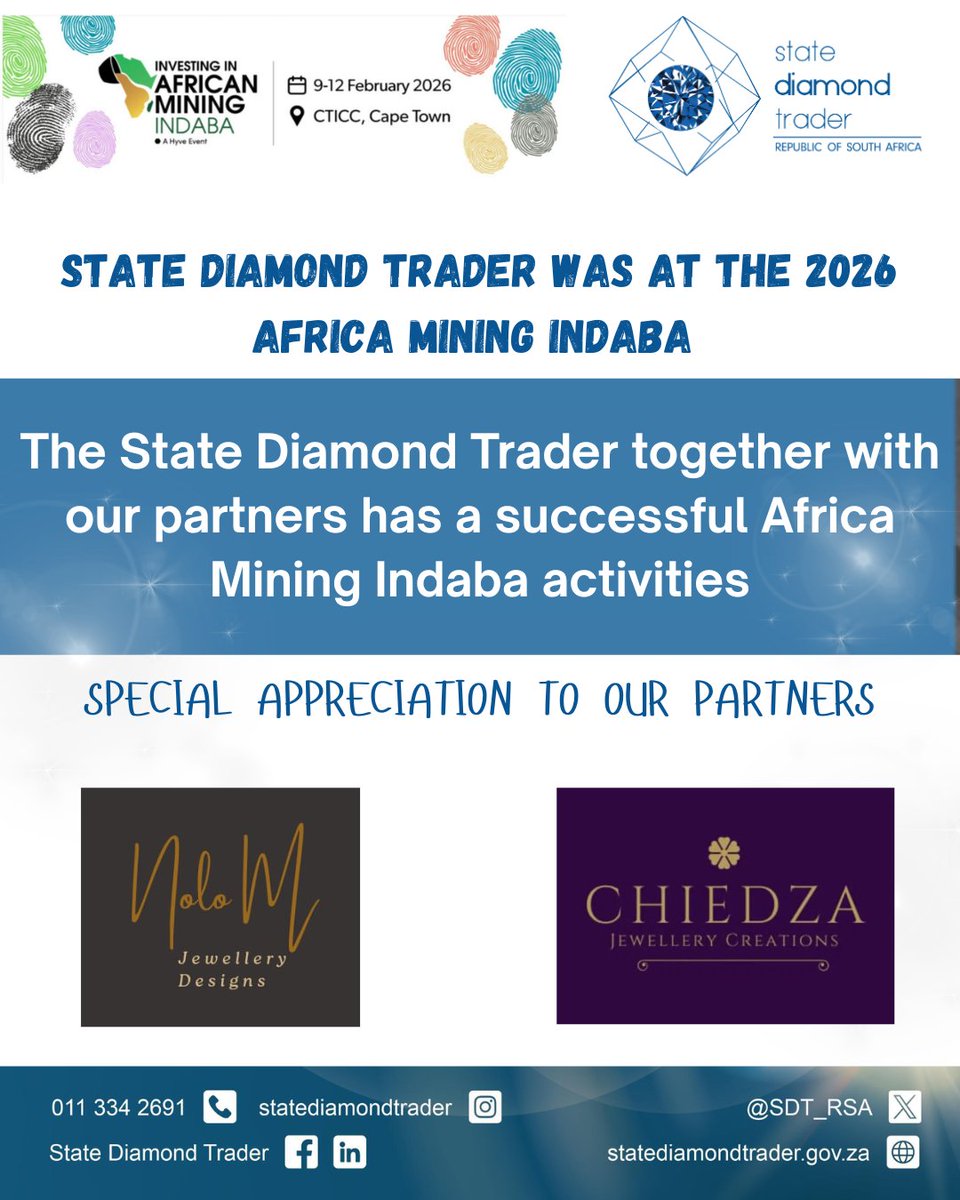 The State Diamond Trader extends heartfelt thanks to all stakeholders for supporting and visiting our stall at the SA pavilion at the 2026 Africa Mining Indaba.

Your support amplified our partnerships with Nolo M Jewellery Designs and Chiedza Jewellery Creations.