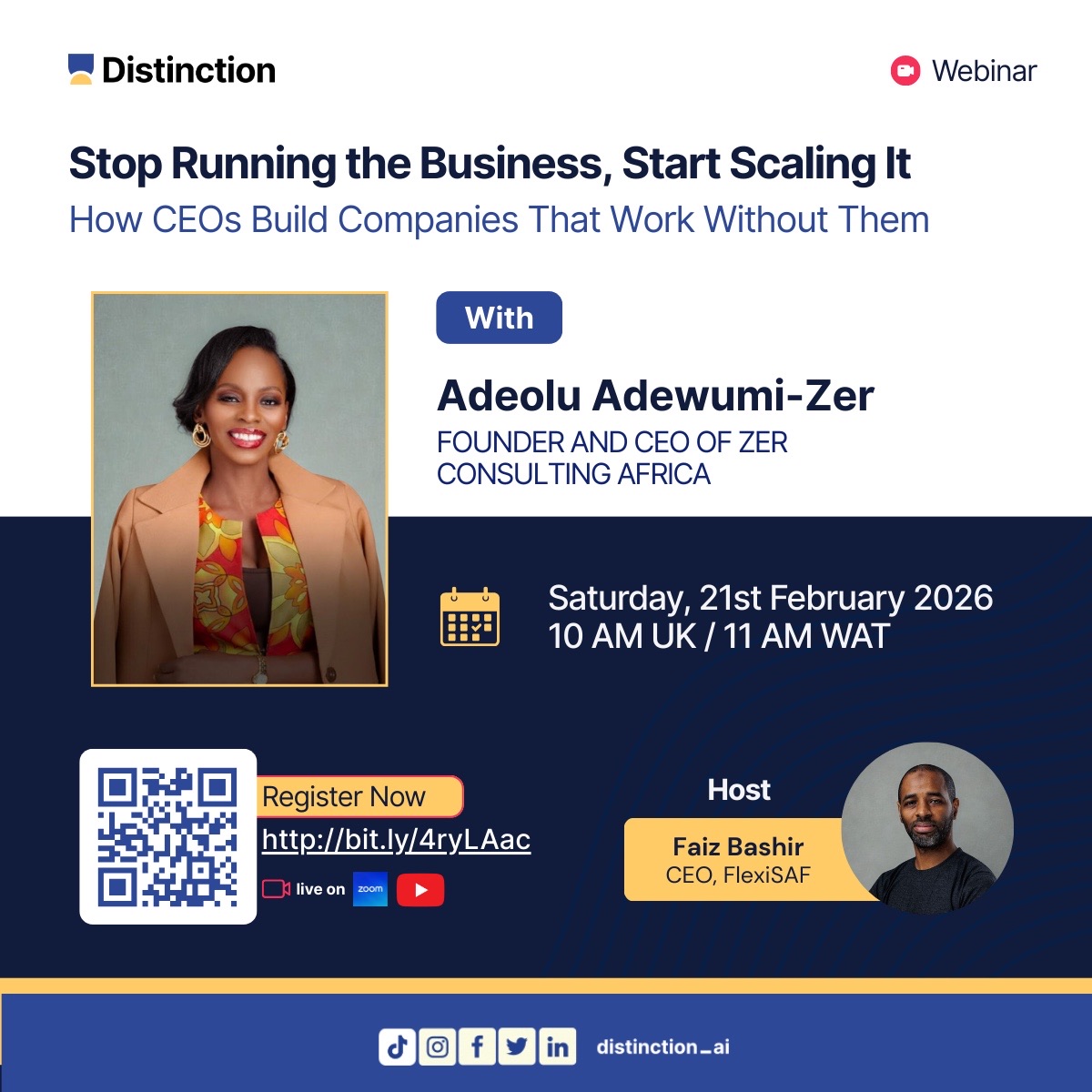Join us for a powerful webinar on how CEOs can build companies that thrive .

📅 Saturday, 21st February 2026
⏰ 10 AM UK | 11 AM WAT
📍 Live on Zoom

Register now. us06web.zoom.us/meeting/regist…

#Distinction #Leadership #Entrepreneurship #ExecutiveLeadership #Strategy