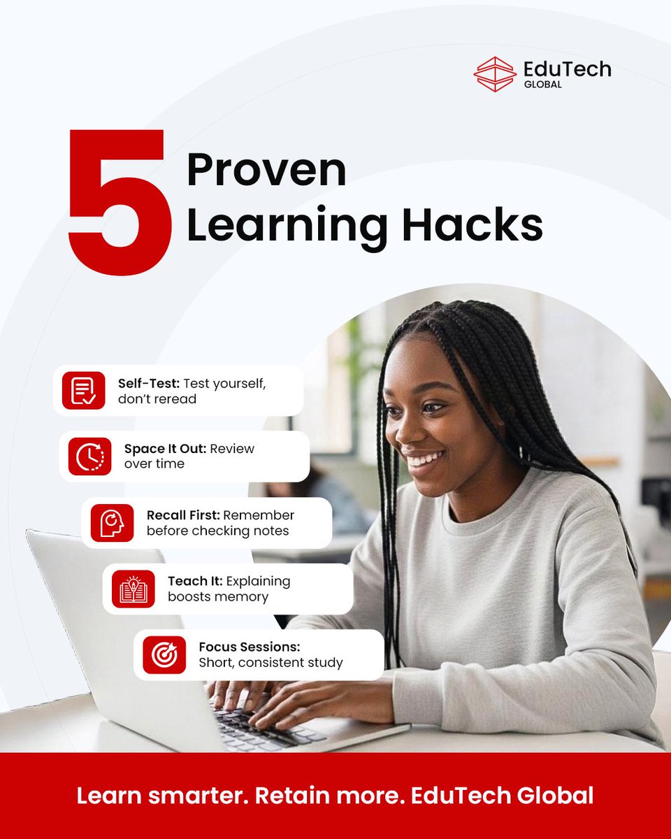 EdutechGlobal's tweet photo. Want better retention without longer study hours? Try these proven learning hacks. 

Study smarter, retain longer, and learn with purpose. 

#ThoughtLeadership #EdTechTips #EduTechGlobal https://t.co/jrlaFKi311