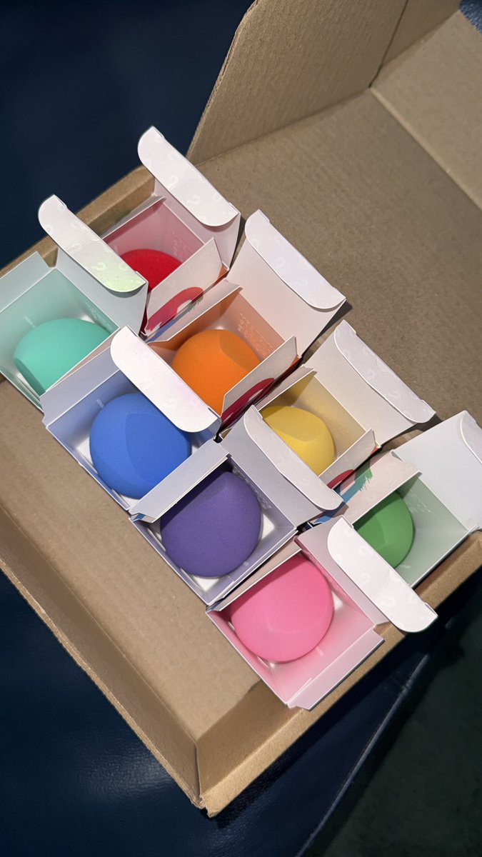 sokimey's tweet photo. okay i'm convinced that everyone who bought the 8 pack of the painted sponge blind boxes got the whole rainbow 🌈 @jamescharles https://t.co/p4vm7JdC7c