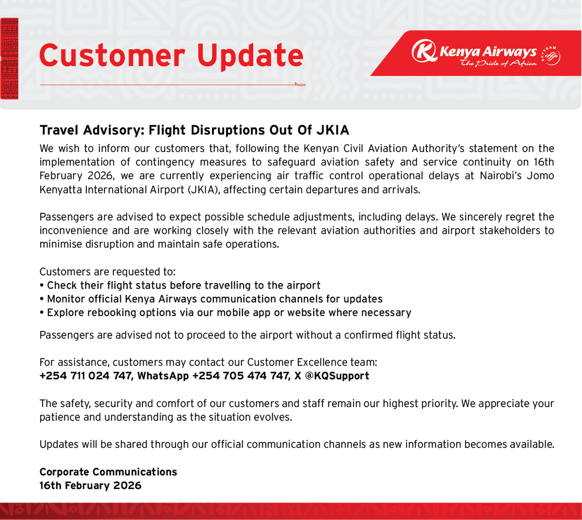 KenyaAirways's tweet photo. Travel Advisory: Flight Disruptions Out Of JKIA https://t.co/cUGoYju4aH