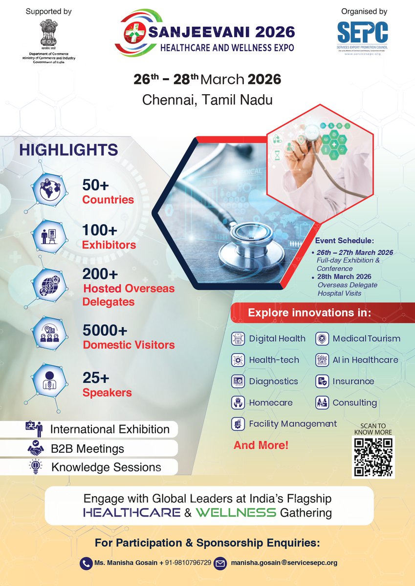 indiainzambia's tweet photo. International Healthcare & Wellness Event!

The High Commission of India, Lusaka is pleased to announce SANJEEVANI 2026 – An International Event on Healthcare and Wellness, taking place from 26–28 March 2026 in Chennai, Tamil Nadu, India.

Organized by the Ministry of Commerce, Government of India, SANJEEVANI 2026 will bring together the global healthcare ecosystem, including hospitals, wellness centers, telemedicine providers, medical tourism companies, health IT services, insurance companies, healthcare consulting firms, and many other key stakeholders.

🗓️ 26–27 March 2026: Exhibition & Conference
🗓️ 28 March 2026: Hospital Visits for Overseas Delegates
🌐 200+ international delegates expected in B2B meetings
✈️ Selected delegates may receive economy-class airfare support (partial/full) and hospitality
📑 Overseas Delegate Registration: https://t.co/jPrmOJbjjv

@MEAIndia @IndianDiplomacy @PMOIndia @DoC_GoI #Sanjeevani2026